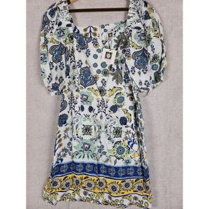 Anne Klein Dress Pearl White Multi Floral Square Neck Puff Sleeve Size 12